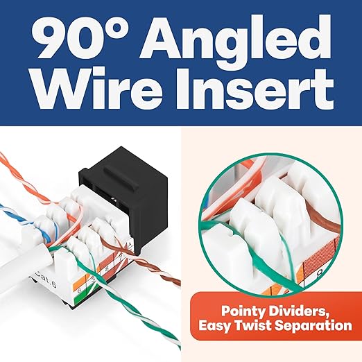 Everest 90° Angled RJ45 Cat6 Keystone Jacks 50-Pack in Black - Slim Profile Female RJ45 Connectors - Cat 6 Keystone Jack - Compatible with 90° Angled Speed Termination Tool - easyJACK (B094WB91H3)