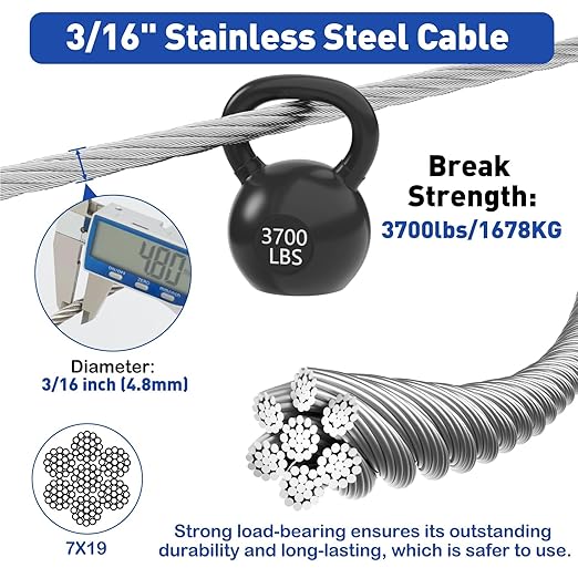 TooTaci 3/16" Stainless Steel Cable, 100ft Wire Rope with Aluminum Crimping Sleeve&Thimbles, 7x19 Strands, 3700lbs Breaking Strength Heavy Duty Aircraft Cable for Zipline, Deck Railing, Shade Sail