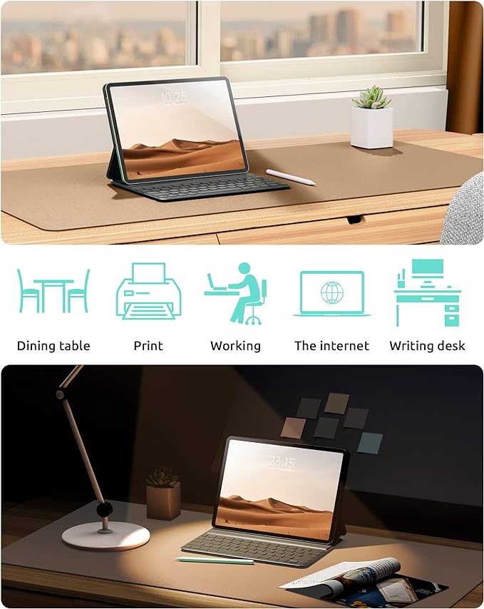 YSAGi Leather Desk Protector, Office Mat, Large Mouse Pad, Non-Slip PU Leather Blotter, Laptop Desk, Waterproof Writing Pad for Office and Home (Khaki, 35.4" x 17")