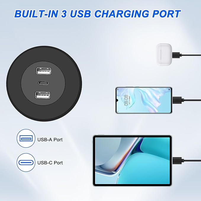 MEIRIYFA 3-in-1 Desktop Power Embedded Charger USB/Type C Desktop Station Mounts Charging Dual USB Multifunctional Desk USB Hub with 6.56 FT Power Cord for Bedside Table, Desks, Furniture