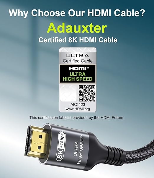 Certified 10K 8K HDMI 2.1 Cable 16.4 FT, 48Gbps Ultra High Speed HDMI Cable with Ethernet 4K 240Hz 165Hz 144Hz 120Hz 8K60Hz eARC HDCP2.3 HDR10+ PC Laptop TV Monitor Projector