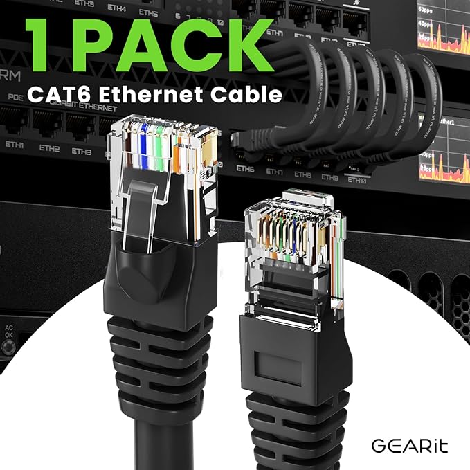 GEARit Cat 6 Ethernet Cable (1-Pack 75 Feet) Cat6 Network Patch, 10Gbps, RJ45, Snagless Cord, Gold-Plated Connectors, Internet for PC, TV, Tablet, Router, Printer, Servers, IT Data Center - Black
