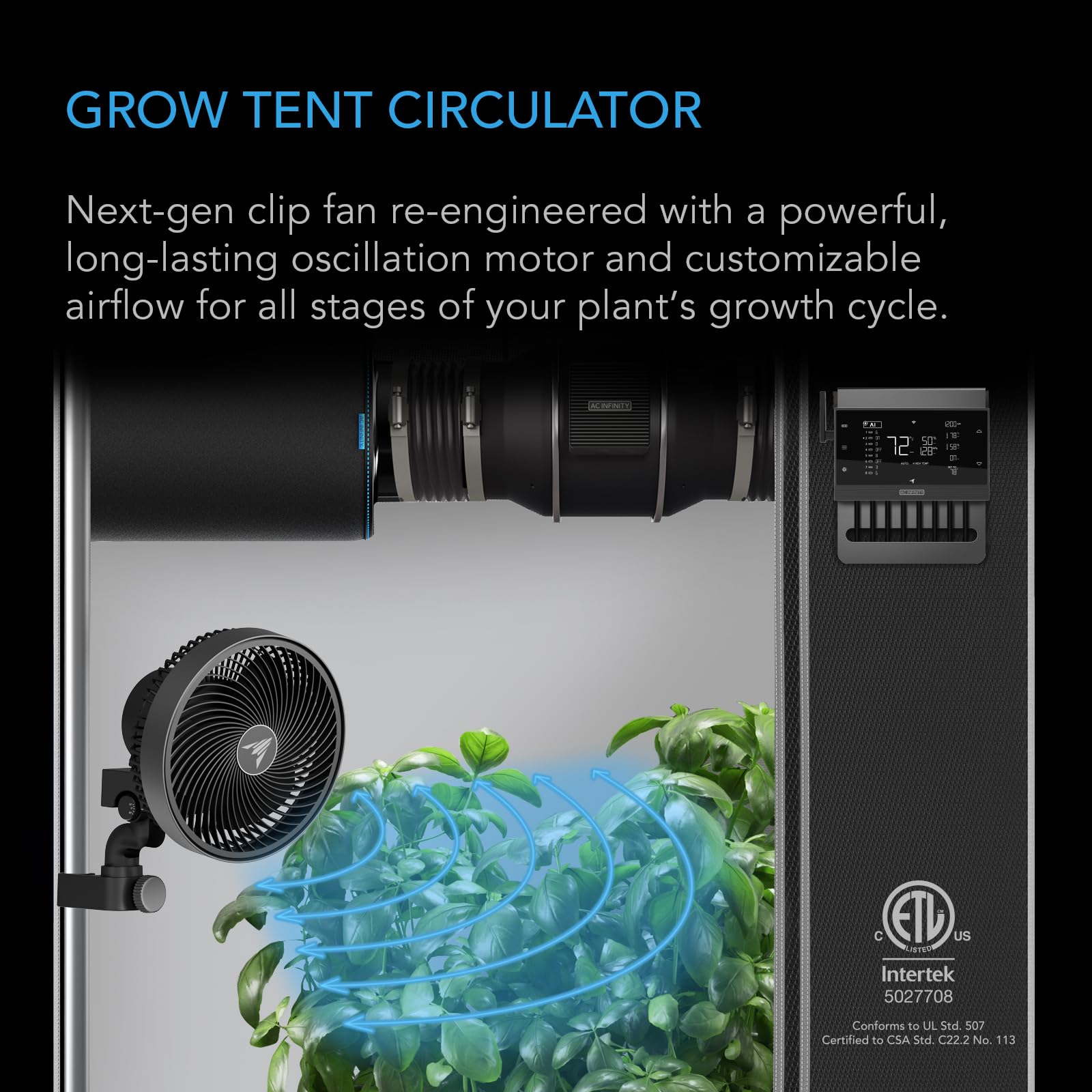 AC Infinity CLOUDRAY S9, Grow Tent Clip Fan 9” with Redesigned Long-Life EC Motor, Custom 10 Dynamic Wind Speeds and 10-Level Oscillation, Weatherproof IP-54, for Hydroponics Circulation Cooling
