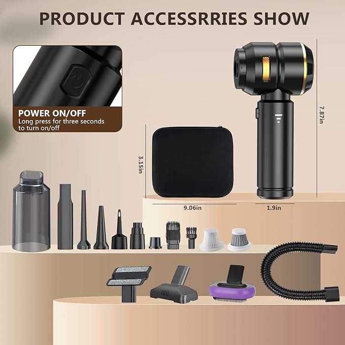 Handheld Vacuum Cordless 22000PA High Power Car Vacuum Cleaner with Brushless Motor 4-in-1 Portable Rechargeable Vacuum Air Blower Air Duster Pump for Car Home Pet Hair Office - Black