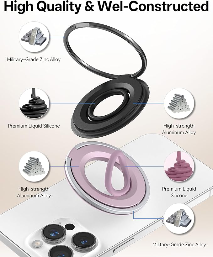 [2025 Newest] Magnetic Phone Grip for MagSafe Ring Holder, Magnet Phone Grip Stand Finger Kickstand Two-Sided Magnetic Compatible with iPhone 16 Pro/Max 15 14 13 12 11 Plus&Android