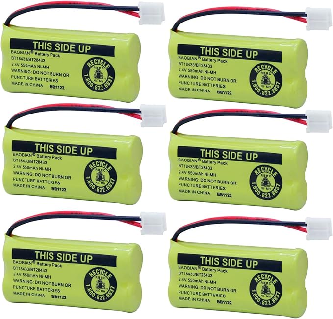 BT18433/BT28433 BT184342/BT284342 BT1011 BT1018 BT1022 BT-6010 BT8000 BT8001 BT8300 CPH-515D CPH515D Cordless Phone Battery DS6301 CL80109 CS6209 TL90078 2.4V 550mAh NiMH Rechargeable (6 Pack)