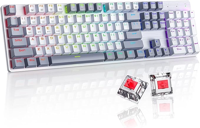 Wireless Mechanical Keyboard, Triple Mode 2.4G/USB-C/Bluetooth Gaming Keyboard, 104 Keys Programmable, Customize RGB Backlit, Red Switch, Bicolor PBT Keycaps, Rechargeable Wired Keyboard for Laptop PC