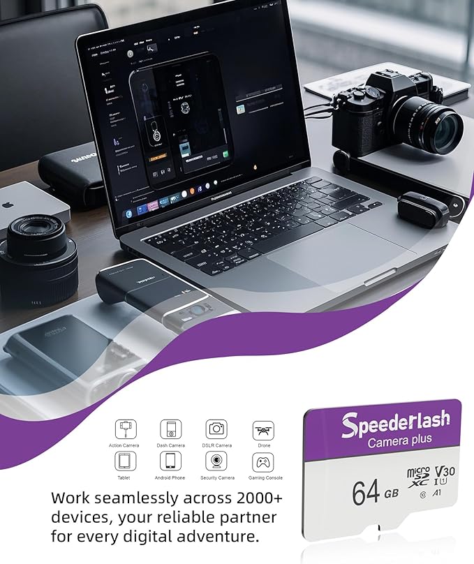 Micro SDXC Memory Card 64GB, Speederlash Camera Plus TF Card with Adapter, Up to 90MB/s Read Speed, 4K UHD&5K Video Support, U1 V30 A1 Rated, Waterproof, for Security Camera, Dashcam, Drones