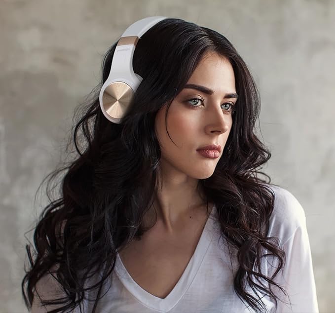 Riwbox Bluetooth Headphones, XBT-80 Folding Stereo Wireless Bluetooth Headphones Over Ear with Microphone and Volume Control, Wireless and Wired Headset for PC/Cell Phones/TV/Gym (White Gold)