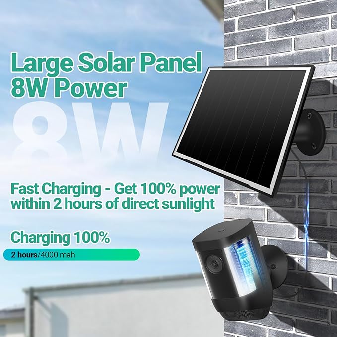 2-Pack Solar Panel Charger for Ring Camera, 8W High-Efficiency - Compatible with Ring Spotlight & Stick Up Cam Pro/Plus, 16ft Long Cable, 3.5mm to USB-C Adapter, IP65 Waterproof, Black