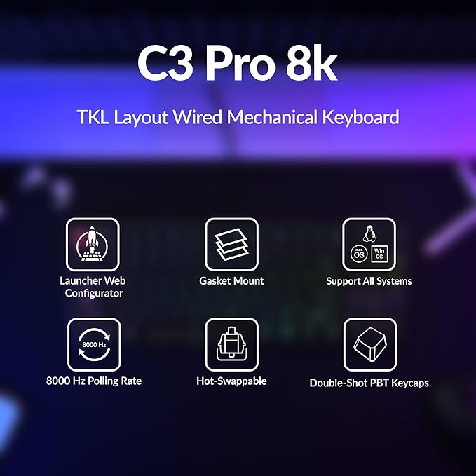 Keychron C3 Pro TKL 80% Wired Mechanical Keyboard, 8K Polling Rate, QMK/VIA Programmable, Hot-Swappable, RGB Backlit Shine-Through Keycaps, Super Red Switch, for Windows/Mac