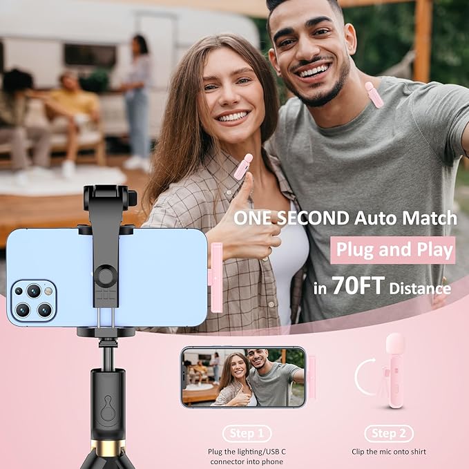 2 Pack Wireless Lavalier Microphone for iPhone iPad Android with Charging Case - 7H Clip on Lapel Microphone Wireless for Video Recording Vlogging, YouTube, Interview, 3 Mode Denoise (Pink)