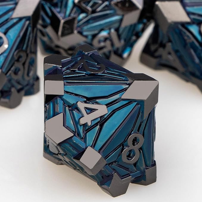 7PCS Metal DND Dice Set with Box, Debris RPG Black Blue D and D Dice for use with D&D Tabletop Games Role Playing Game Polyhedral Dice Set D20 D12 D10 D8 D6 D4