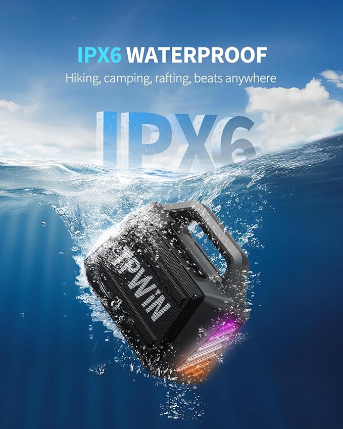 Portable Bluetooth Speaker - 80W Peak Loud Speakers, 20H Playtime for Outdoor Adventure, Lightshow, TWS, Deep Bass, BT 5.3 Wireless, IPX6 Waterproof for Travel Hiking Camping Beach Pool - Black