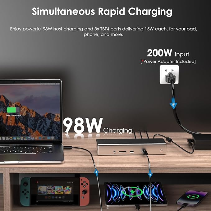 WAVLINK Thunderbolt 4 Dock with 100W Charging, Displaylink Docking Station Quad 4K@60Hz Monitor,3 Thunderbolt 4 Ports, 2.5G Ethernet, Thunderbolt Dock for Mac M1-M4 and PC,Displaylink Driver Required