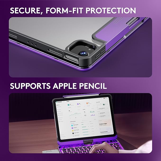 GUSGU Transparent Case with Wireless Keyboard for iPad Air 13-in.(M3/M2, 2025/2024), 7 Colors Backlight, Trackpad, 360°Rotating Stand for iPad Pro 12.9-in (6/5/4/3 Gen), Tech Style