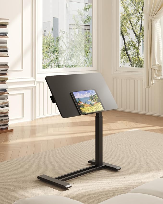 FLEXISPOT H7 PRO Mobile Standing Desk Adjustable Overbed Table Pneumatic with Wheels 90°Tiltable Portable Laptop Desk Rolling Computer Cart Foldable Bedside Table(27.6" W x 15.7" D, Black)