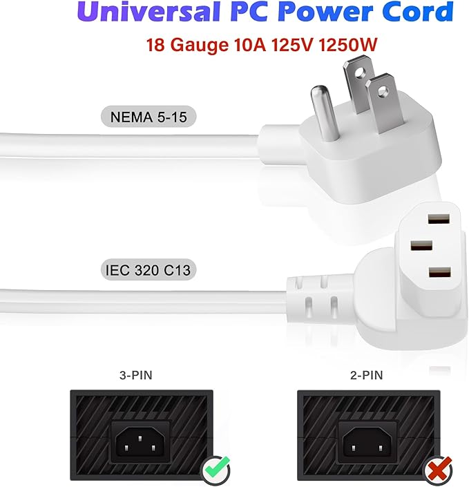 Adoreen 4 Ft Computer TV Replacement Power Cord White, Low Profile Flat Plug to 90 Degree Angled L-Shaped 18AWG 3-Prong AC Universal Power Supply Cable for Printer, PC, Monitor TV LCD, ETL+Ties
