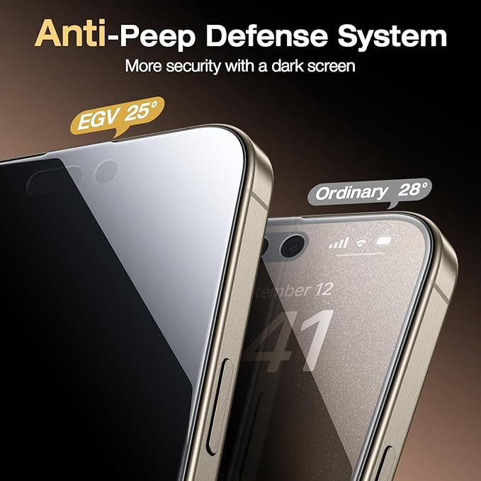 EGV 2 Pack for iPhone 15 Pro Max Privacy Screen Protector [6.7 Inch], 9H+ Military Grade Shatterproof Tempered Glass, Dust-Free Alignment Frame, Easy to Install for Beginners, Bubble-Free