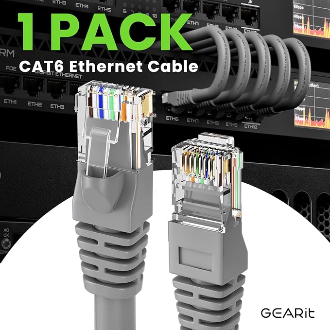 GEARit Cat 6 Ethernet Cable (1-Pack 100 Feet) Cat6 Network Patch, 10Gbps, RJ45, Snagless Cord, Gold-Plated Connectors, Internet for PC, TV, Tablet, Router, Printer, Servers, IT Data Center - Gray