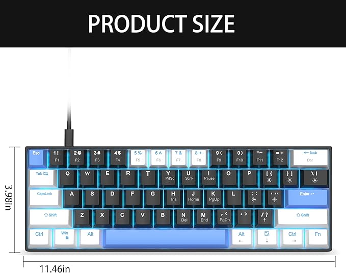 60% Mechanical Gaming Keyboard,White Black Blue Keycaps Gaming Keyboard with Linear Red Switch, Detachable Type-C Cable Mini Keyboard with Blue LED Light for Windows/Mac/PC/Laptop