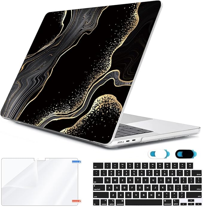 Compatible with MacBook Air 13 inch Case 2025 2024-2022 M4 A3240 M3 A3113 M2 A2681, Plastic Hard Shell&Keyboard Cover&Screen Film&Webcam Cover for MacBook Air 13.6 inch Case, Black Marble