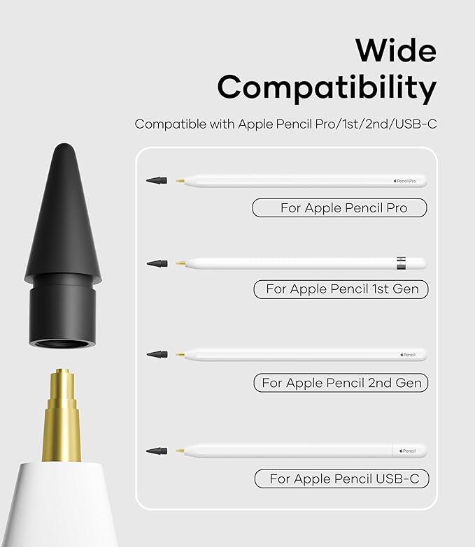 Replacement Pencil Tips for Apple Pencil Pro, Pen Tips for Apple Pencil 2nd Gen/1st Gen/USB-C, Wear-Resisting Pencil Nibs with Storage Box, Pen Nibs Set Compatible with Apple Pen (6 Pack, Black/White)