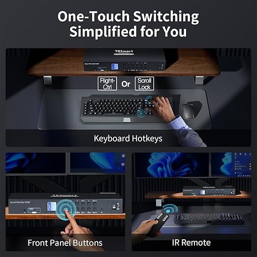TESmart Quad Monitor HDMI+DP MST KVM Switch 4 Monitors 4 Computers 4K@60Hz, USB 3.0 KVM Docking Station, Audio&Microphone, EDID emulators, Hotkey Switch, Rack-Ears, with Input Cables