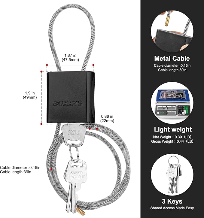 Cable Lock with 3 Keys | L 3.28ft(1m),D 1/6in(4mm) Adjustable Steel Cable Padlock | Aluminum Locks for Bikes, Gate, Lockers & Outdoor Gear | Weatherproof & Black