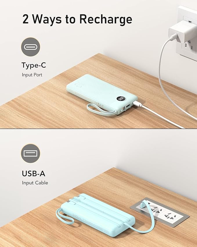 VEEKTOMX Portable Charger with Built-in Cables 10000mAh Power Bank for iPhone Slim Fast Charge USB C Battery Pack Travel Essentials Powerbank Compatible with iPhone, Samsung, Android, etc