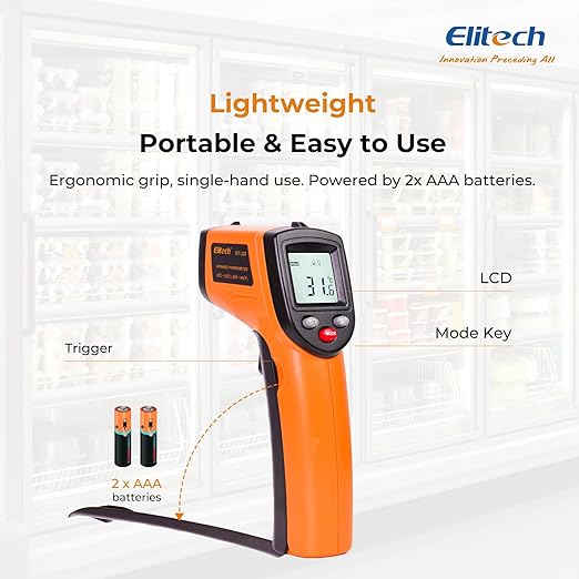 Elitech 2Pack Laser Temperature Gun, Non-Contact Digital Infrared Thermometer, Adjustable Emissivity, Backlight, Handheld for Grill, Meat, Candy, Automotive, HVAC Tools, -50~530°C(-58~986°F), DIT-220