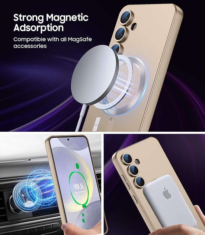 Magnetic for Samsung Galaxy S24 Case [Compatible with MagSafe][Built-in Camera Lens Protector] Slim Soft Silicone Bumper Shockproof Metallic Luster Phone Case (Gold)
