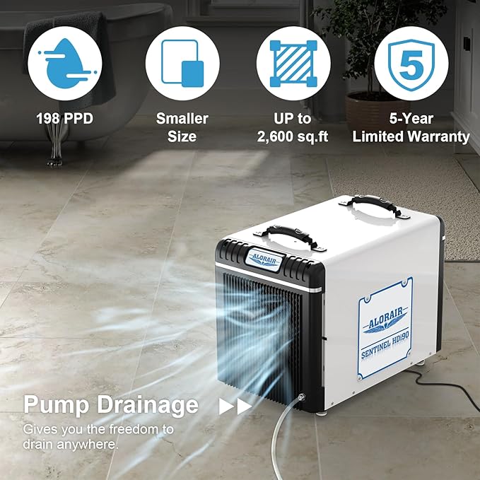 ALORAIR Basement/Crawlspace Dehumidifiers 198 PPD (Saturation), 90 Pints (AHAM), 5 Years Limited Warranty, Condensate Pump, Auto Defrosting, Rare Earth Alloy Tube Evaporator, Remote Control (optional)