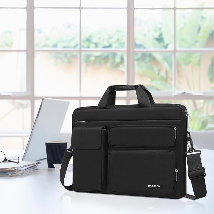 MOSISO Laptop Shoulder Bag, Computer Bag with 2 Raised&1 Flapover&1 Horizontal Pocket&Handle&Belt