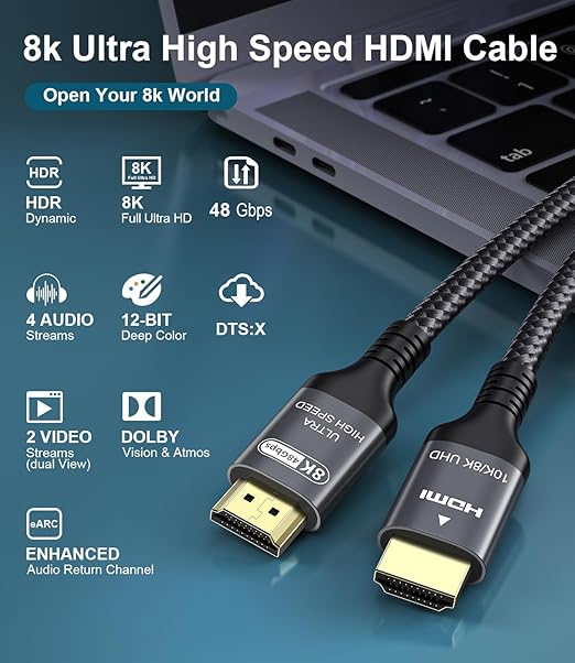 Certified 10K 8K HDMI 2.1 Cable 13 FT, 48Gbps Ultra High Speed HDMI Cable with Ethernet 4K 240Hz 165Hz 144Hz 120Hz 8K60Hz eARC HDCP2.3 HDR10+ PC Laptop TV Monitor Projector