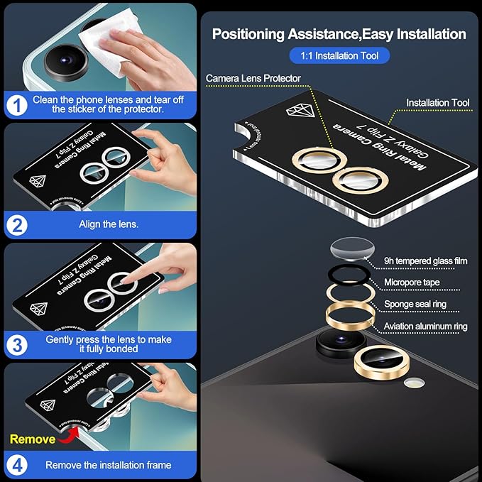 for Samsung Galaxy Z Flip 7 Camera Lens Protector, Individual Metal Ring Tempered Glass Lens Cover, [Strong Adsorption] Scratch Resistant Ultra-Thin HD Clear Lens Cover, 1 Set-Gold