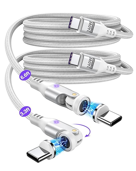 A.S Gen3 USBC Magnetic Charging Cable 240W (2Pack, 3.3ft/6ft), 9Pin Type C to Type C Magnet Charger Cable/360&180 Rotation Magnetic Phone Charger Data Cable for Phone 15/M-Book/Pad Series (White)