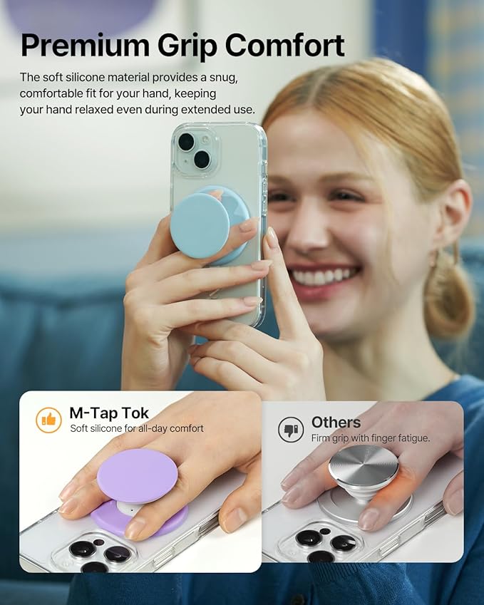 Sinjimoru for MagSafe Phone Grip, Soft Silicone Magnetic Finger Grip for iPhone 16/15/14/13/12, Comfortable One-Touch Holding, M-Tap Tok Lavender