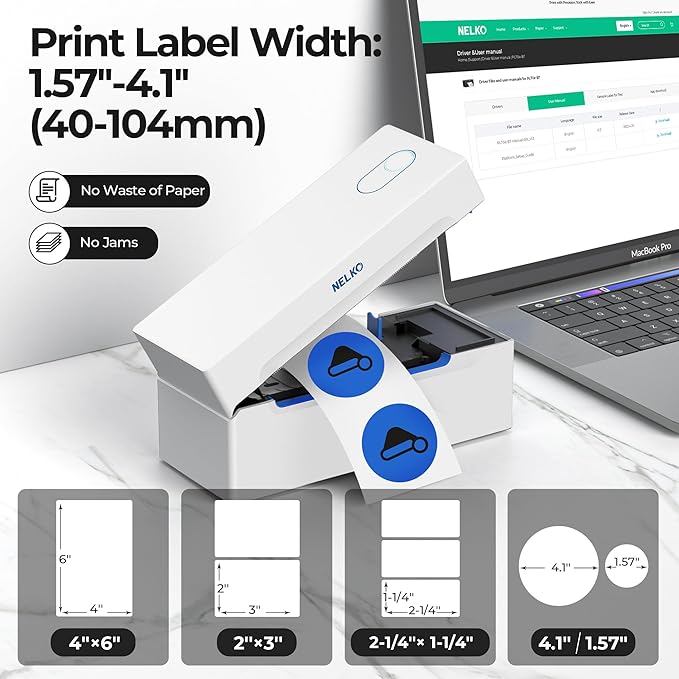 Nelko Bluetooth Thermal Shipping Label Printer, Wireless 4x6 Shipping Label Printer for Small Business, Support Android, iPhone and Windows, Widely Used for Amazon, Ebay, Shopify, Etsy(White)