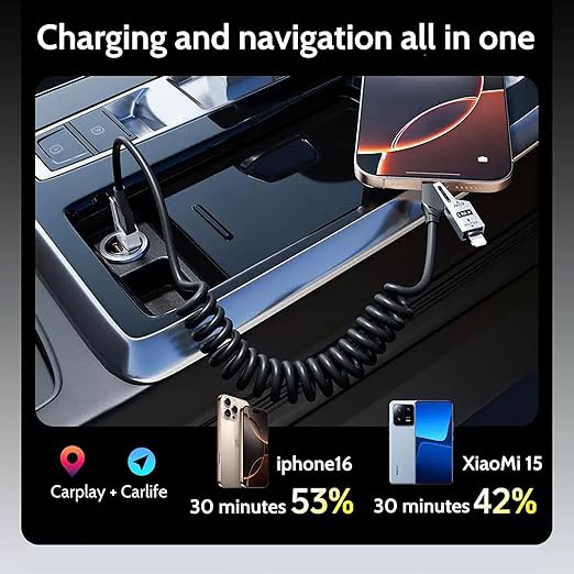 65W 4-in-1 Retractable Fast Charging Cable, 2M/6.5ft Spring Coiled USB-C to L/USB-C/USB-A Multi-Device Cord for iPhone 15/14/13, iPad, Samsung, MacBook, Laptop, Car, Tablet