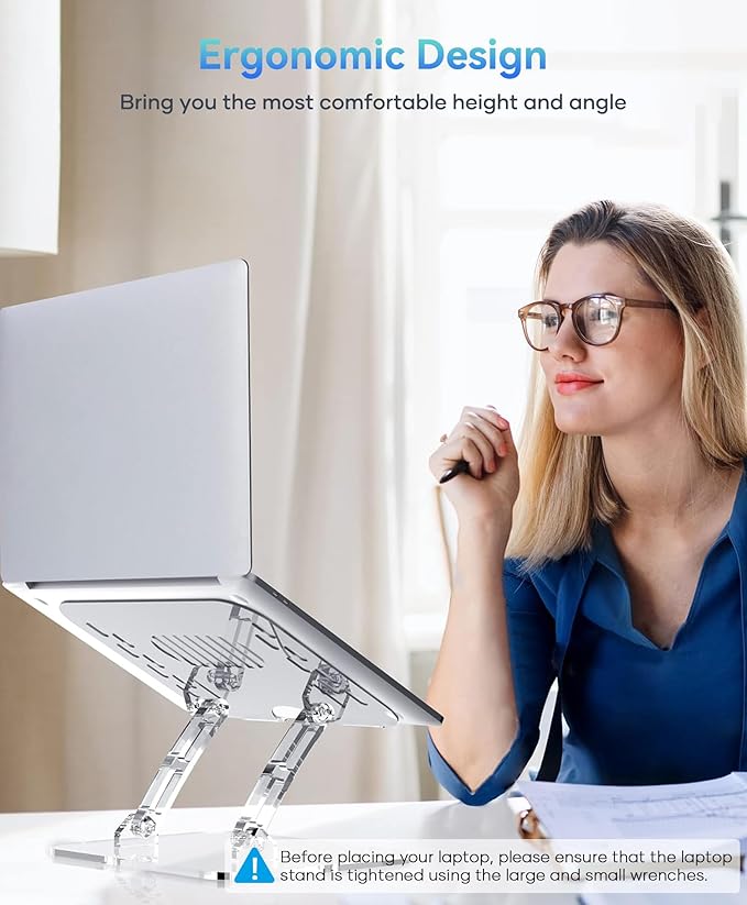 2 Pack Acrylic Laptop Stand for Desk, Adjustable Ergonomic Laptop Riser, Portable Foldable Computer Stand, Compatible with 10 to 15.6 Inches Notebook and MacBook, Clear