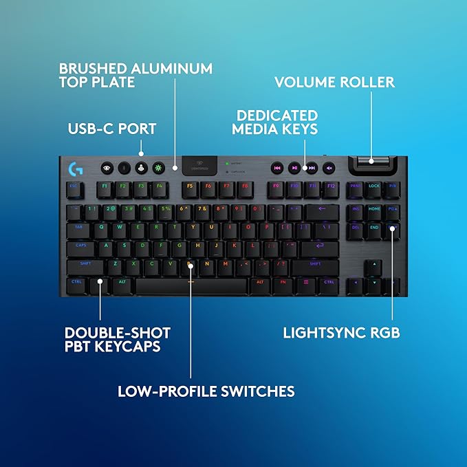 Logitech G915 X Lightspeed TKL Wireless Mechanical Gaming Keyboard, Double-Shot PBT Keycaps, Fully Programmable Keys, RGB Backlit Mac/PC Gaming Keyboards, Aluminum Finish, GL Linear Switches, Black