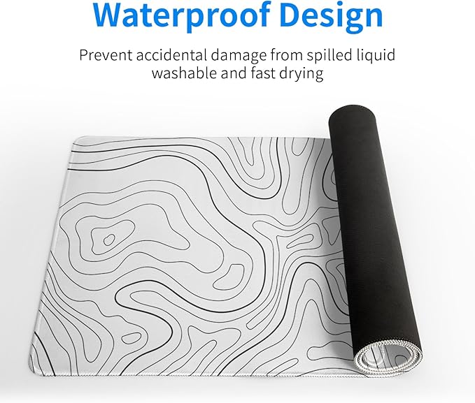 Topographic Contour White Gaming Mouse Pad XL Geographic Map Lines Extended Big Large Desk Mat Non-Slip Rubber Base Stitched Edge Long Keyboard Mousepad for PC Computer Laptop,31.5x11.8 Inch