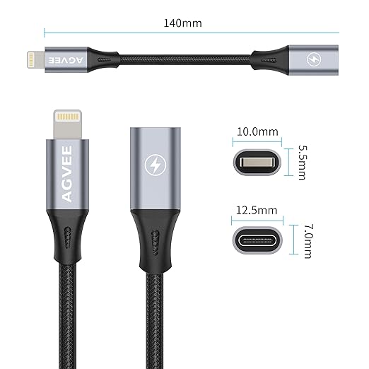 AGVEE 4 inch USB-C Female to Lightning Male Adapter, 30W Fast Charging Charger Converter for iPhone 14 13 12 11 Airpods iOS Device Carplay, Not for Audio, Dark Gray