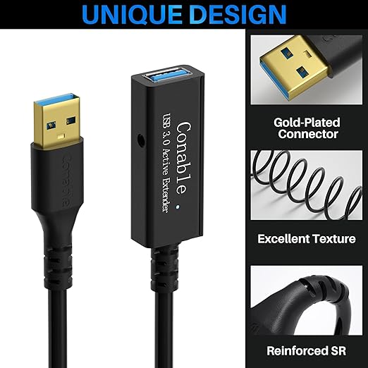 USB 3.0 Active Extension Cable 50 Feet, Long USB Type-A Male to Female Extender Cord, Built-in 2 Signal Booster Smart Chips, 5Gbps Transfer, Black USB Extension Cable with an AC Power Adapter (5V 2A)