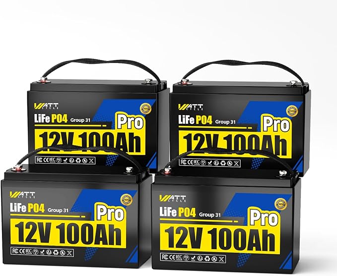 4Pack 12V 100Ah LiFePO4 Lithium Battery, BCI Group 31,Deep Cycle Up to 15000 Cycles, 110A BMS, Low Temperature Protection, 10 Years Lifespan, Perfect for RV/Home Energy Storage