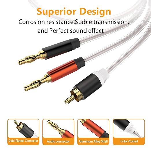 HOSONGIN RCA to Banana Plug Speaker Cable 3.3 Feet -2 Pack, Gold-Plated Dual-Shielding Hi-Fi Stereo Cable for Home Theater/Amplifier/Subwoofer/Speaker/Audio Receiver/Vinyl Record Player/SoundBar