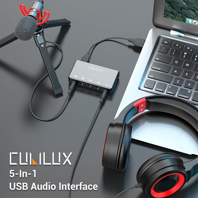 Cubilux CB5 USB Audio Interface for Recording, Streaming, Podcasting, USB to 3.5mm Sound Card with Stereo Microphone Input, Line-In, Line-Out & Headphone Jack for Monitors, Support Windows & Mac OS