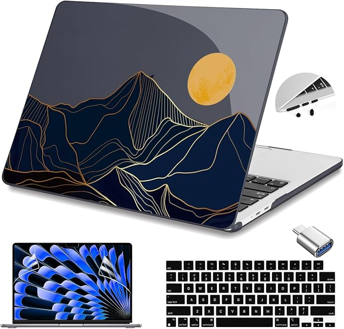 Teryeefi Compatible with MacBook Air 15 inch Case A2941 M2 A3114 M3 Release 2023 2024,Design Pattern Slim Cover + Keyboard Cover + OTG Adapter for 15.3 inch MacBook Air Liquid Retina, Mountain Line