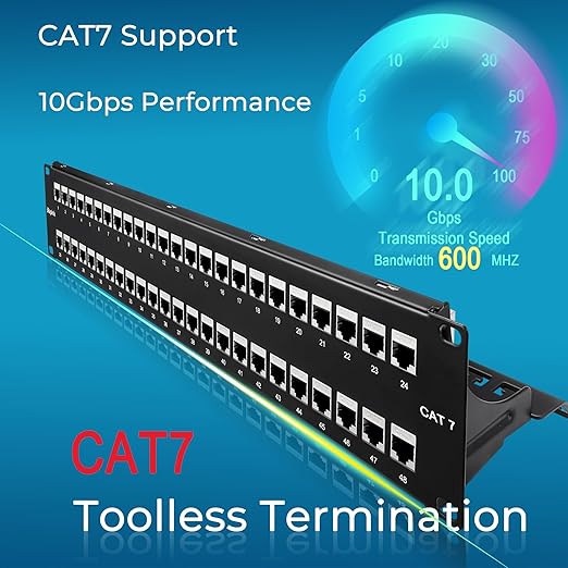 Rapink 48 Port Cat7 Patch Panel with Inline Keystone 10G Support, 19-Inch STP Shielded Coupler, 2U Network Patch Panel for Cat7, Cat6, Cat6A, Cat5e Cabling